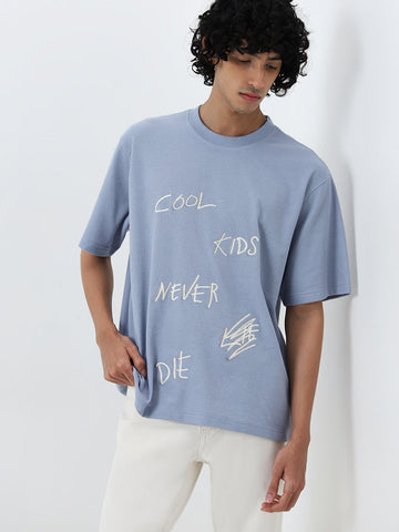 Nuon Blue Text Printed Relaxed T-Shirt