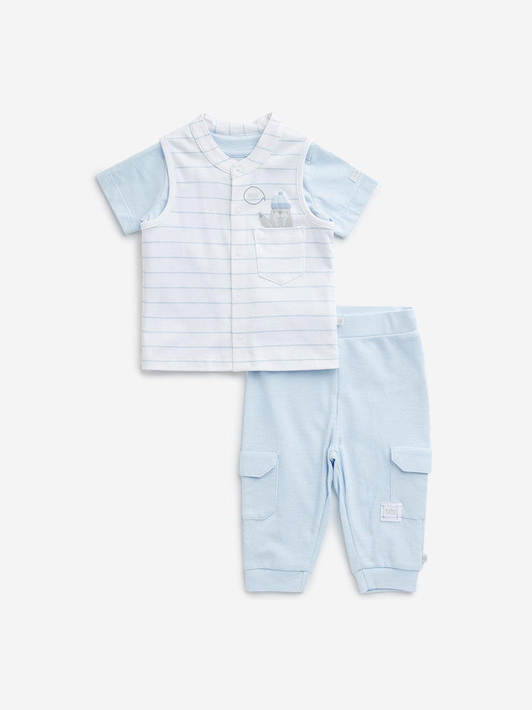 HOP Baby Light Blue Cotton T-Shirt, Waistcoat and Pants Set