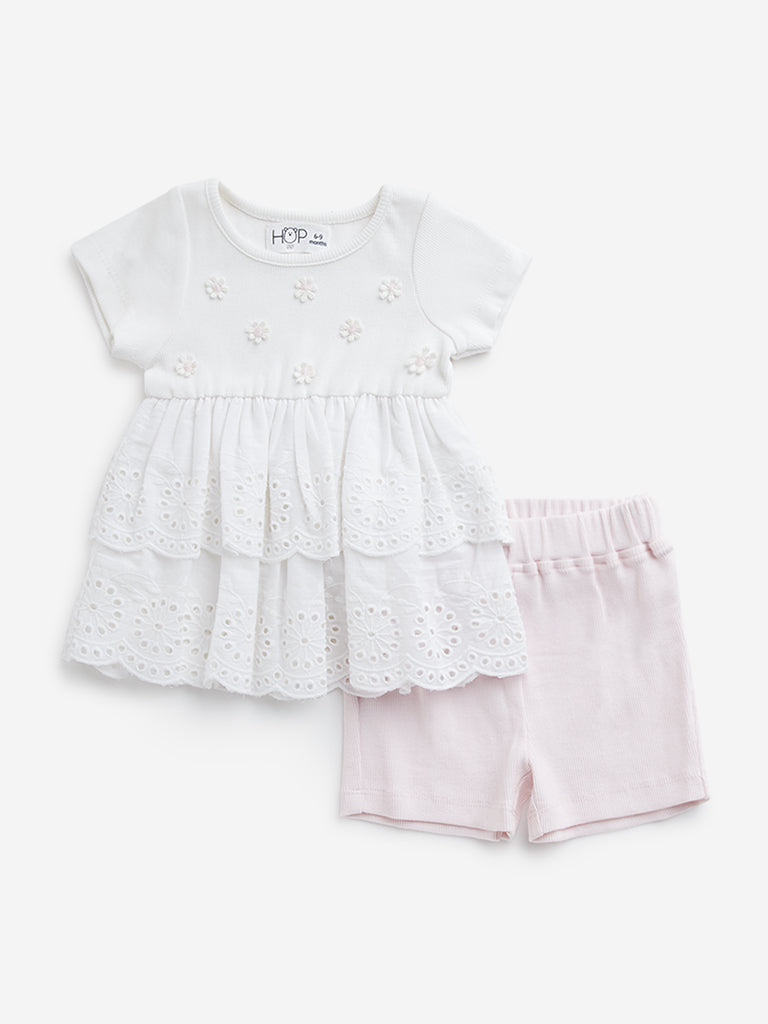 HOP Baby White Schiffli Cotton Blend Top with Shorts Set