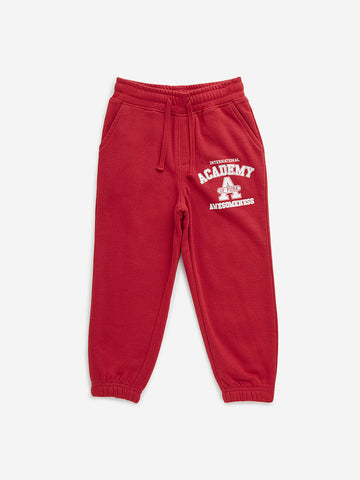 HOP Kids Red Text Printed Mid-Rise Cotton Blend Joggers