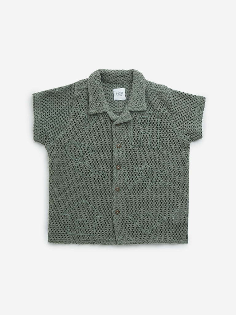 HOP Kids Sage Embroidered Resort-Fit Cotton Blend Shirt