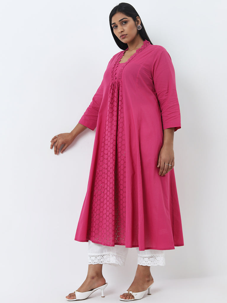 Diza Pink Schiffli Design A-Line Cotton Kurta