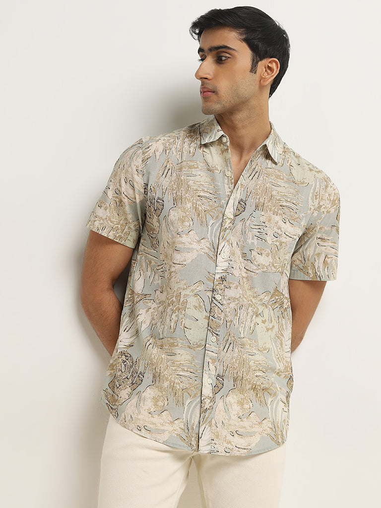 WES Casuals Beige Leaf Printed Slim-Fit Cotton Shirt