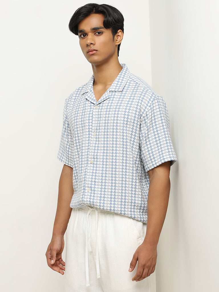 ETA Blue Houndstooth Design Relaxed-Fit Cotton Shirt