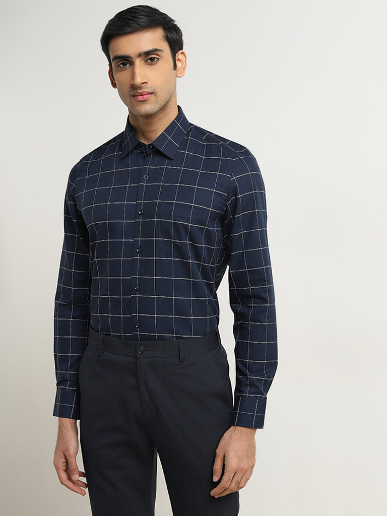 WES Formals Navy Checkered Slim-Fit Cotton Shirt