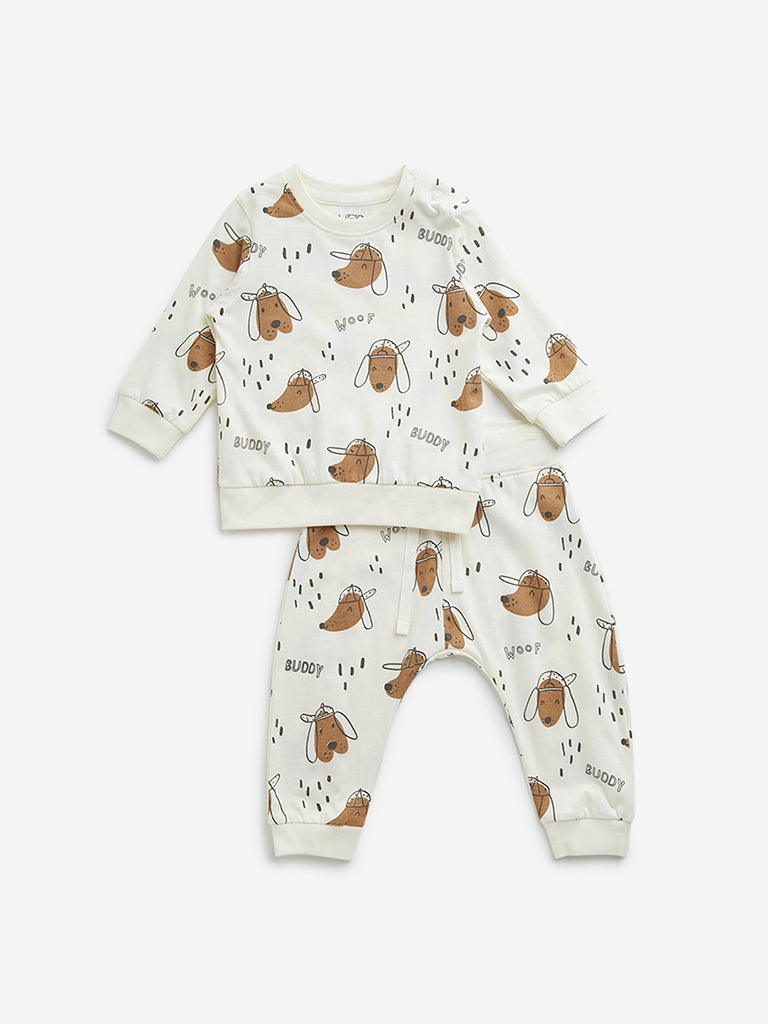 HOP Baby Off-White Dog Printed Cotton T-Shirt with Joggers Set