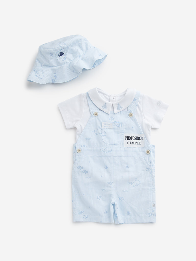 HOP Baby Light Blue Dungaree, Cotton T-Shirt and Hat Set