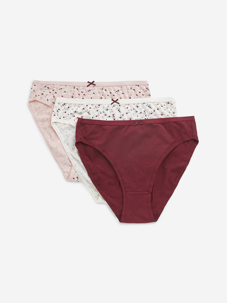 Wunderlove Maroon Printed Cotton Blend Briefs - Pack of 3