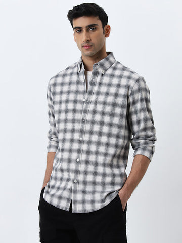 WES Casuals Black Checkered Relaxed-Fit Cotton Blend Shirt