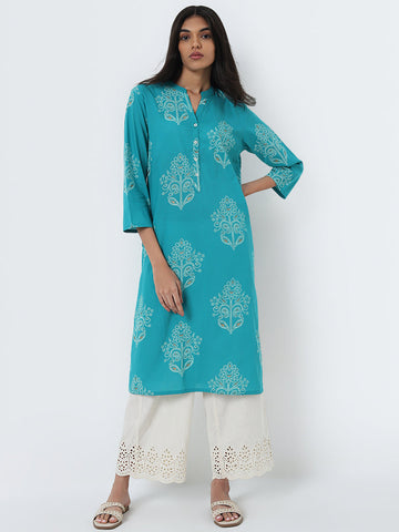 Utsa Aqua Floral Bandhani Printed Straight Cotton Kurta