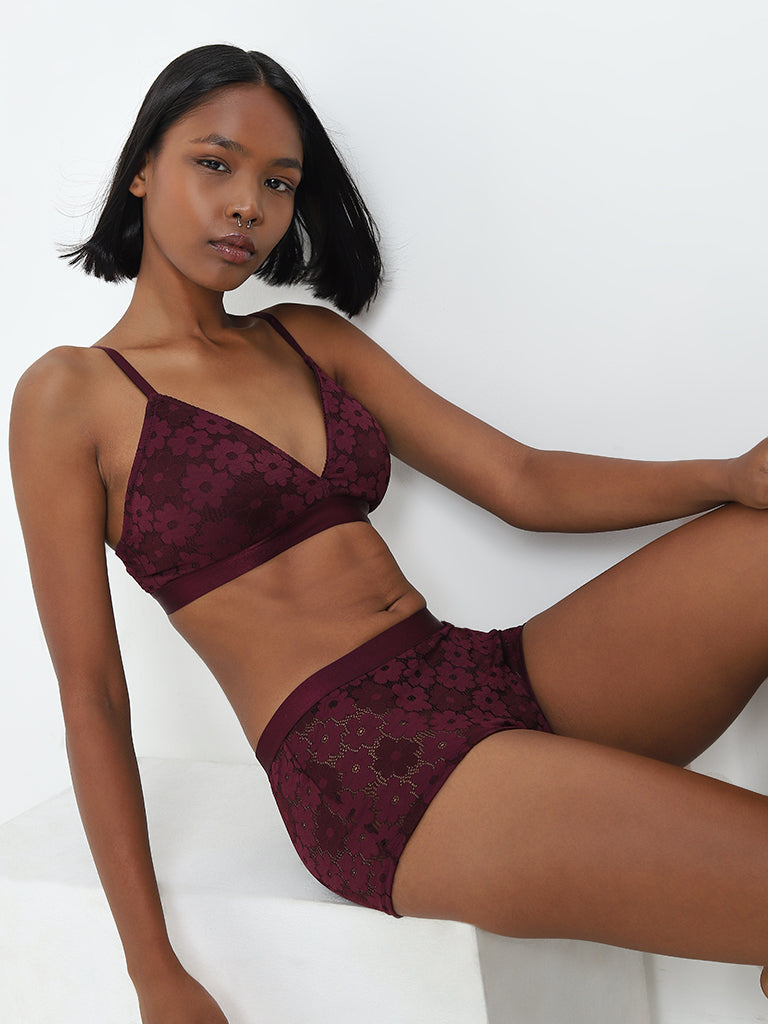 Superstar Burgundy Floral Lace Design Full Cotton Brief