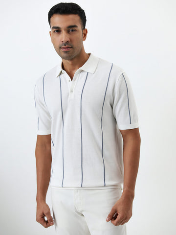 Ascot White Stripe Pattern Relaxed-Fit Cotton Polo T-Shirt