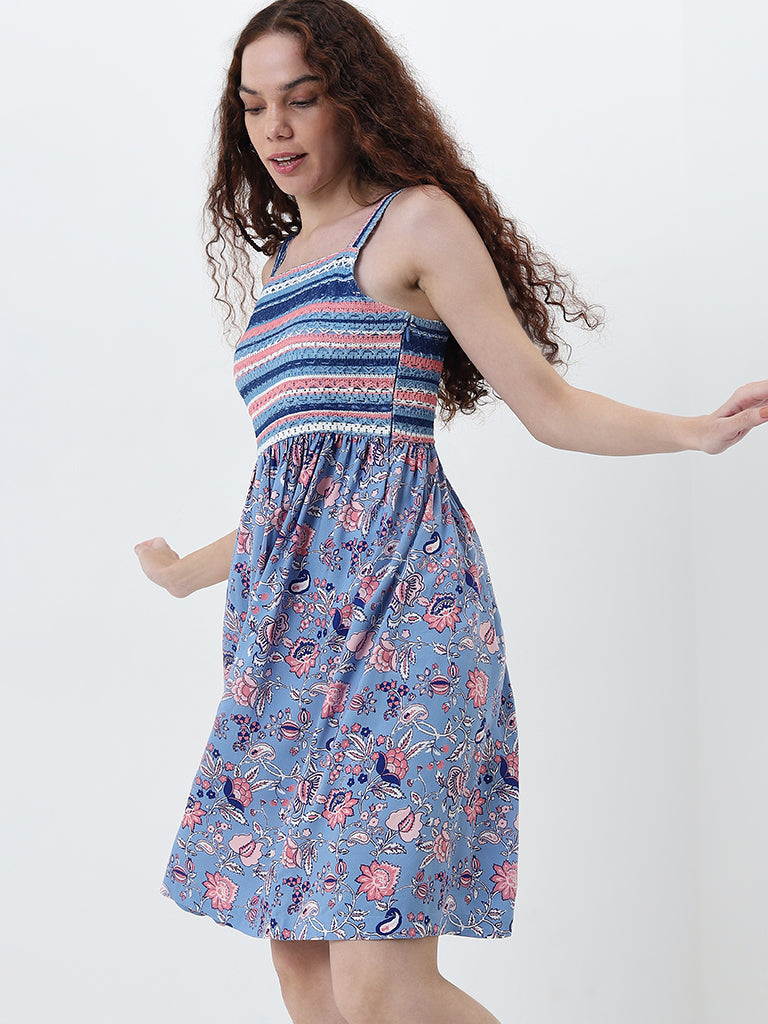 Bombay Paisley Blue Floral Printed A-Line Cotton Dress