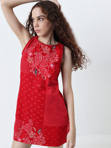 Bombay Paisley Red Paisley Printed A-Line Cotton Dress