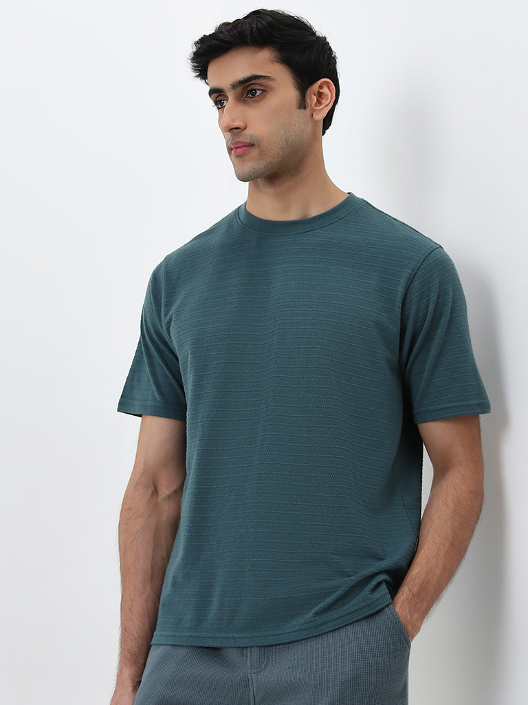 WES Lounge Dark Sage Self-Stripe Relaxed-Fit Cotton T-Shirt