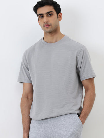 WES Lounge Grey Self-Striped Relaxed-Fit Cotton T-Shirt