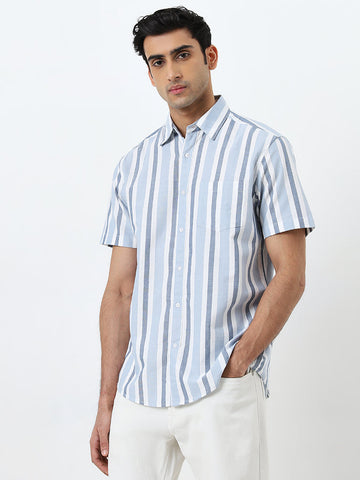 WES Casuals Blue Striped Relaxed-Fit Cotton Shirt