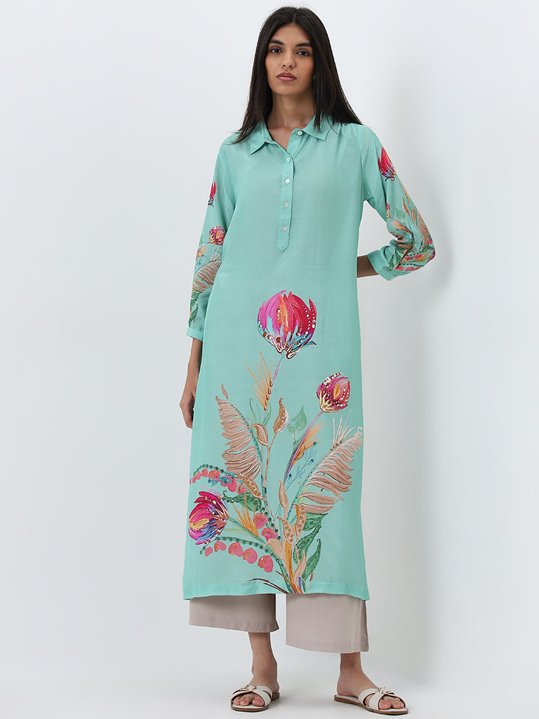 Utsa Mint Floral Printed A-Line Kurta