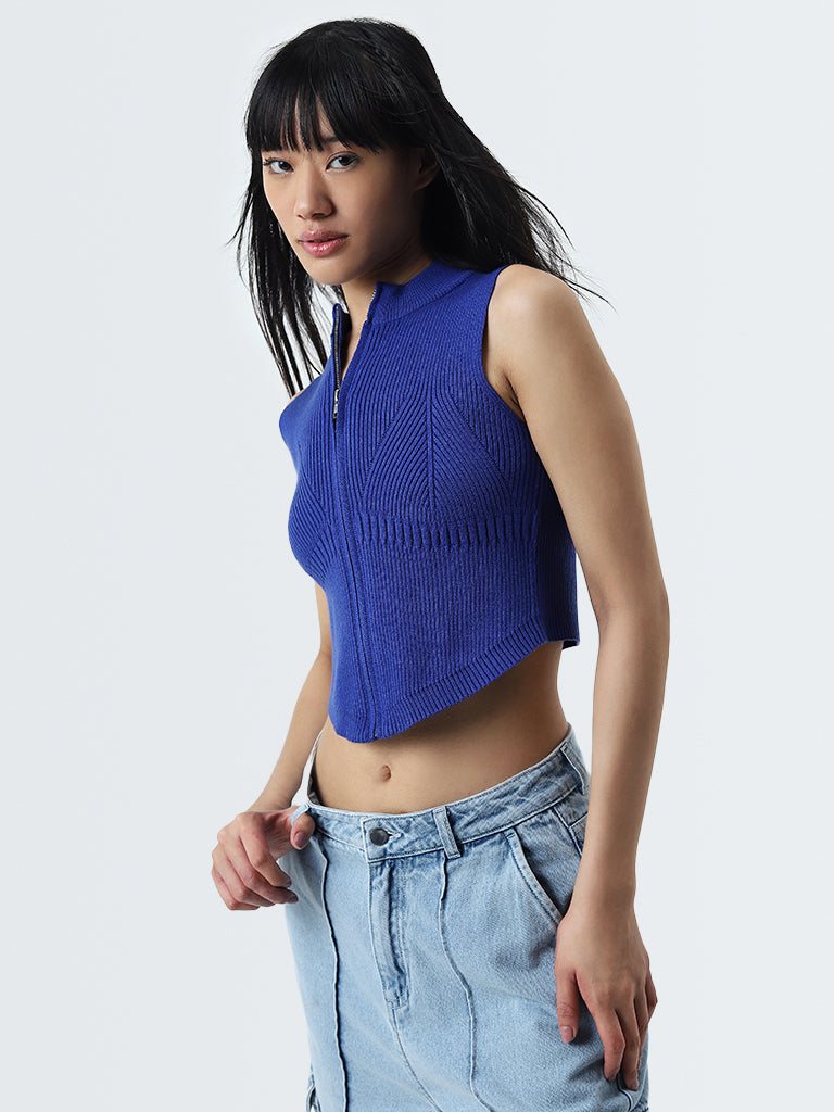 Nuon Blue Argyle Design Cotton Cropped Top