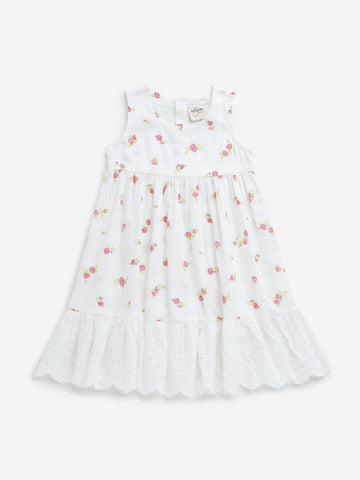 Utsa Kids White Floral Printed Cotton Tiered Dress (2-8 Year)