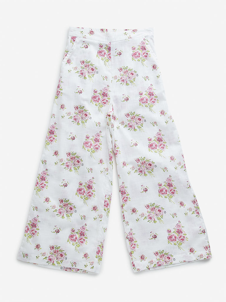 Utsa Kids White Floral Print High-Rise Cotton Palazzos (8-14 Years)