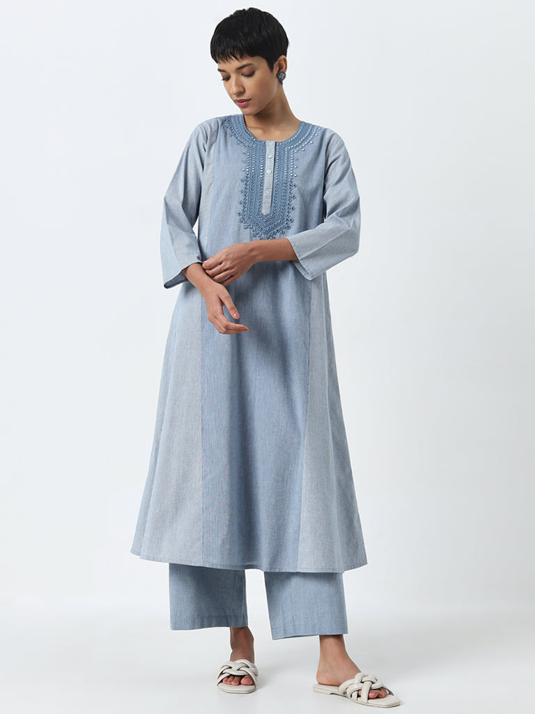 Utsa Light Blue Mirror-Work A-Line Cotton Kurta