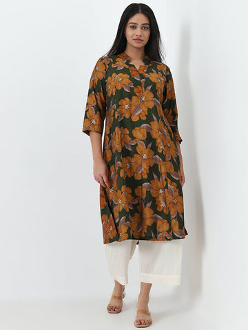 Diza Dark Green Floral Printed A-Line Kurta