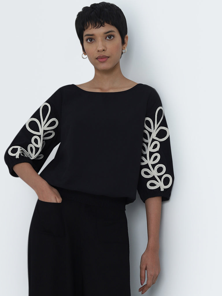 LOV Black Leaf Embroidered Cotton Blouse