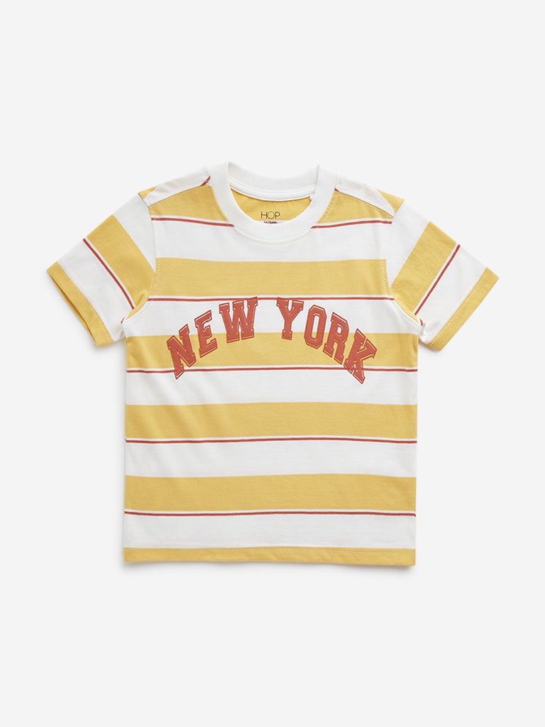 HOP Kids Yellow Striped Text Design Cotton T-Shirt