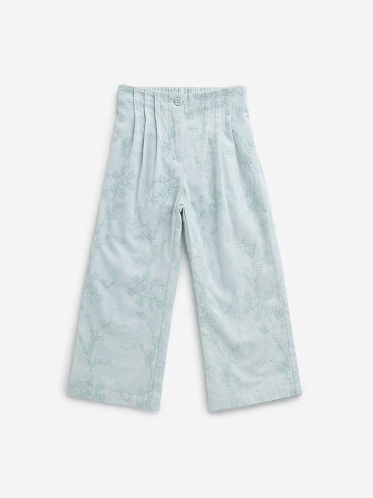 HOP Kids Mint Leaf Embroidered High-Rise Cotton Blend Pants