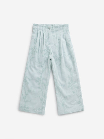 HOP Kids Mint Leaf Embroidered High-Rise Cotton Blend Pants