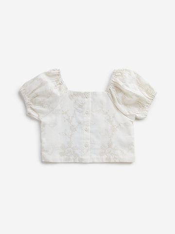 HOP Kids Off-White Leaf Embroidered Cotton Blend Top