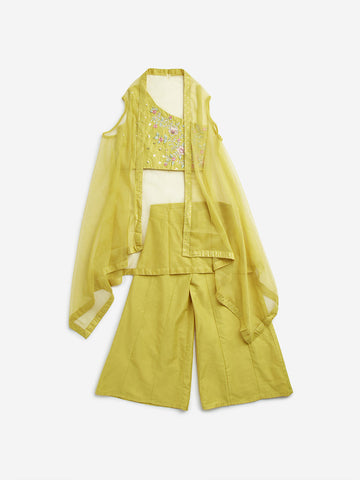 Utsa Kids Yellow Floral Embroidered Top with Palazzos and Shrug Set (2-8 yrs)