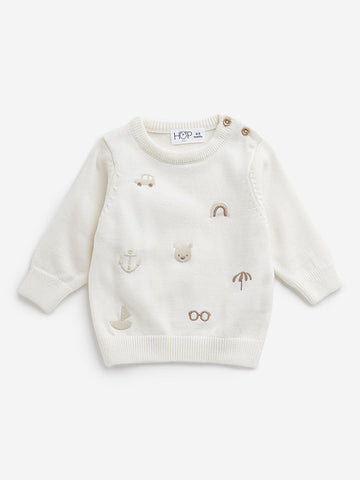 HOP Baby Off-White Embroidered Knitted Sweater