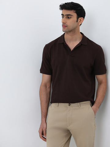 WES Casuals Brown Relaxed-Fit Cotton Blend Polo T-Shirt