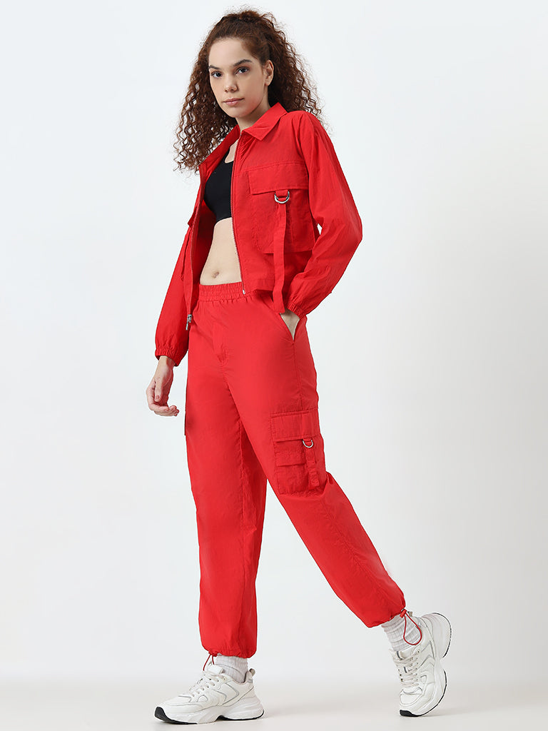 Studiofit Red Cargo-Style Mid-Rise Track Pants