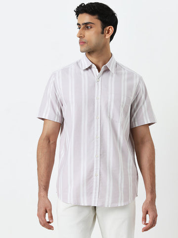 WES Casuals Light Mauve Striped Relaxed-Fit Cotton Shirt