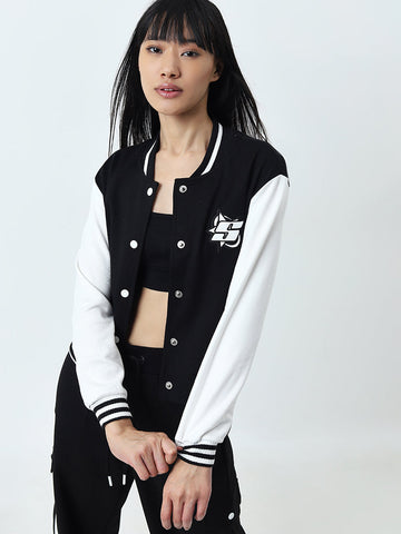 Studiofit Black Embroidered Varsity Cotton Blend Jacket