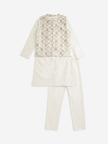 Utsa Kids Ivory Floral Design Jacket, Kurta and Pants Set (8-14 years)