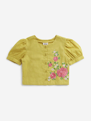 Utsa Kids Yellow Floral Embroidered Cotton Ethnic Top (2-8 years)