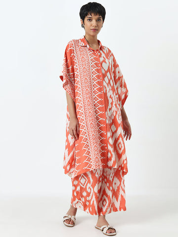 Utsa Orange Ikat Printed Cotton Kaftan -Style Kurta