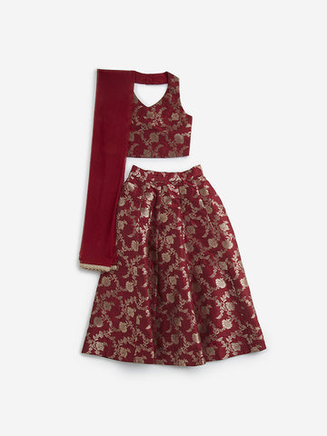 Utsa Kids Maroon Floral Design Ghagra, Choli and Dupatta Set (2-8 years)