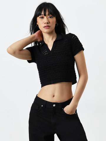 Nuon Black Crochet Detailed Cotton Top