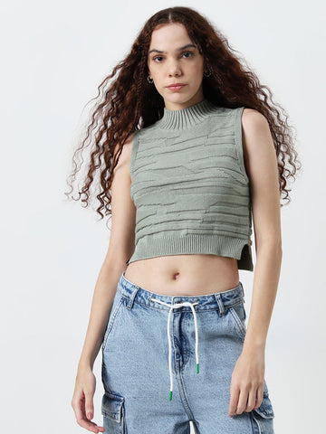 Nuon Sage Self-Patterned Cotton Crop Top