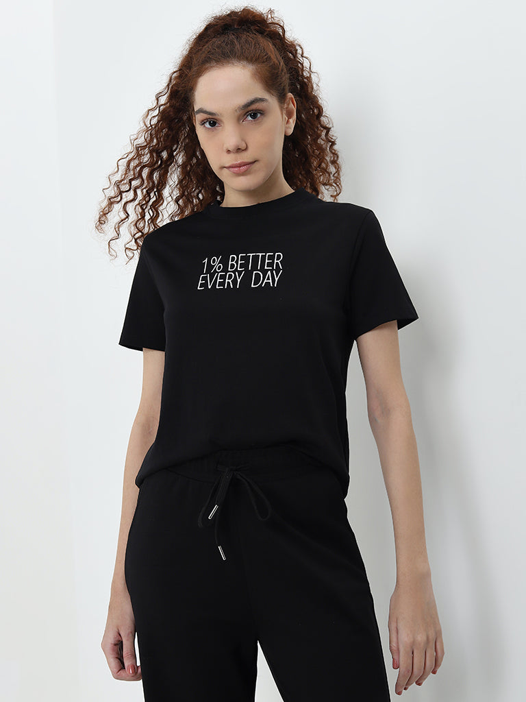 Studiofit Black Text Embroidered Cotton T-Shirt