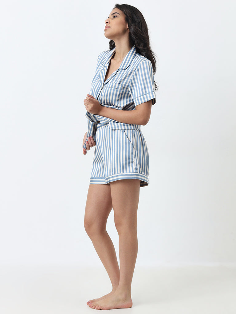 Wunderlove Blue Striped Shirt with High-Rise Shorts Set