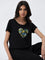 LOV Black Floral Printed Cotton T-Shirt