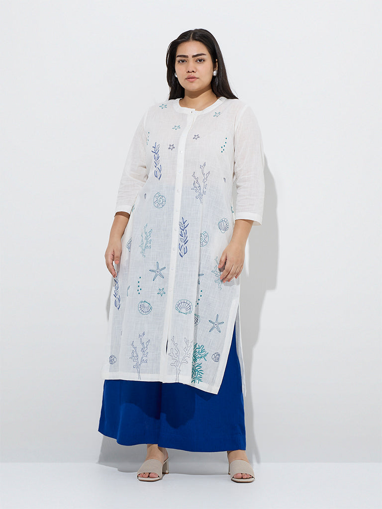 Diza White Sealife-Themed Cotton A-Line Kurta
