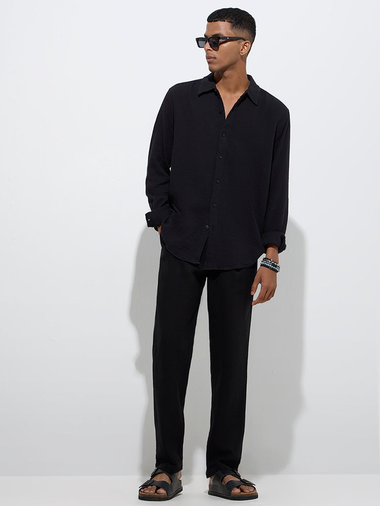 ETA Black Crinkle-Textured Relaxed-Fit Cotton Shirt