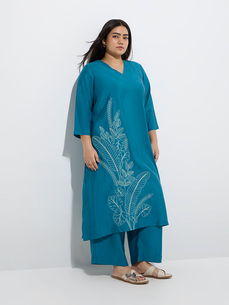 Diza Teal Foliage Embroidered A-Line Kurta
